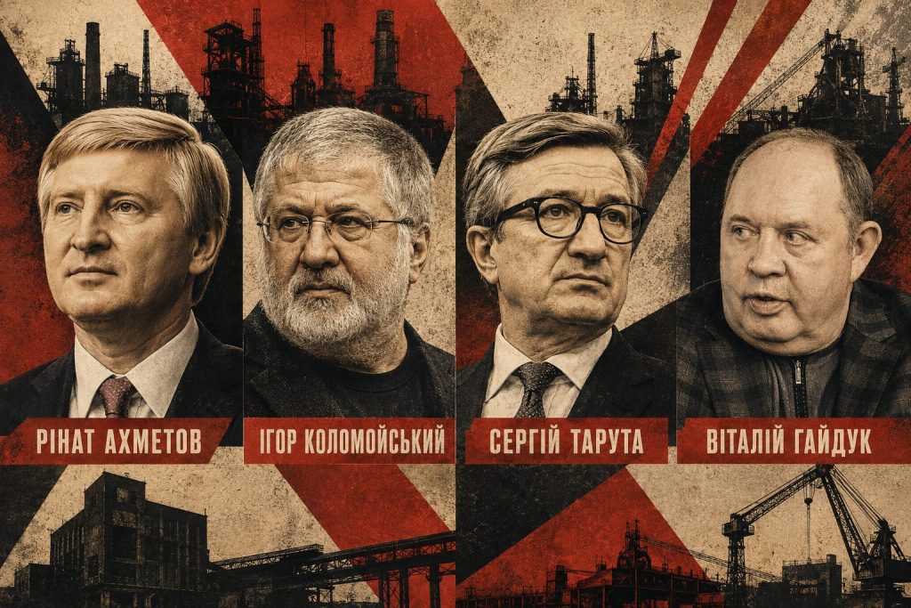 Колаж з портретів бізнесменів Ріната Ахметова, Ігоря Коломойського, Сергія Тарути та Віталія Гайдука