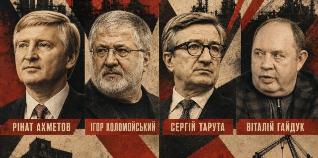 Колаж з портретів бізнесменів Ріната Ахметова, Ігоря Коломойського, Сергія Тарути та Віталія Гайдука